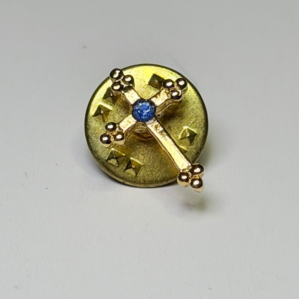 Gold Tone Cross Lapel Pin Blue Rhinestone Center Religious Crucifix Tie Tack